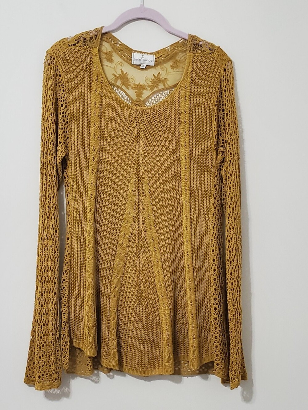 Belle France Mustard Crochet Knit Lace Embroidered Tunic Sweater Womens XL